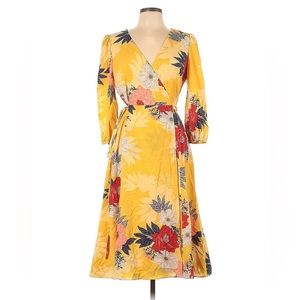 EUC midi faux wrap dress, yellow with flowers, size 10